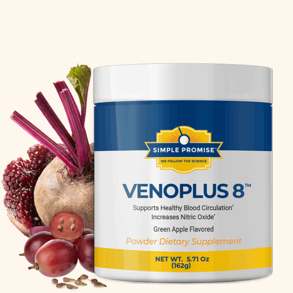 VenoPlus 8 powder supplement jar surrounded by beetroot, pomegranate, and grapes, labeled 8x the strength for a plaque-free heart