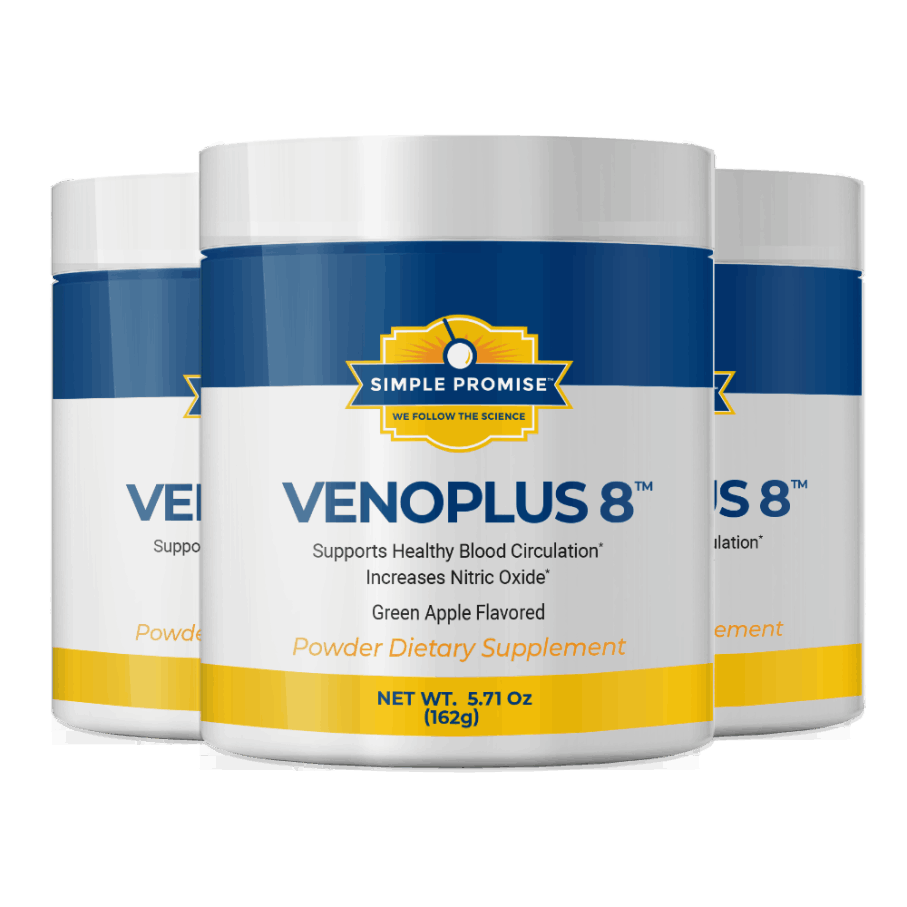 Three jars of VenoPlus 8 cardiovascular support powder, green apple flavored