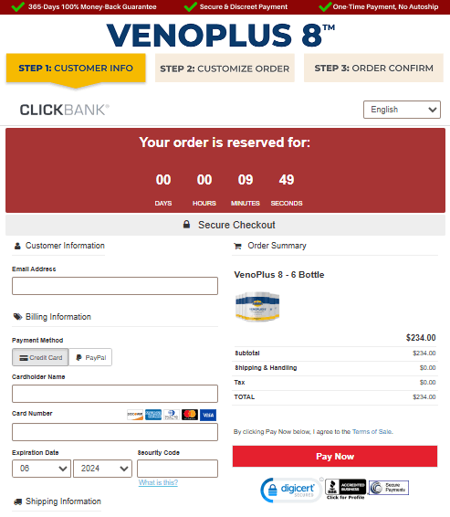 VenoPlus 8 secure checkout page showing order summary and payment form